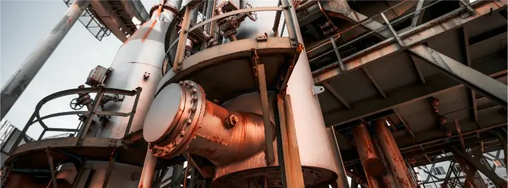 Industrial processing plant with a large rust-colored pipe and metal support structures in a factory setting.