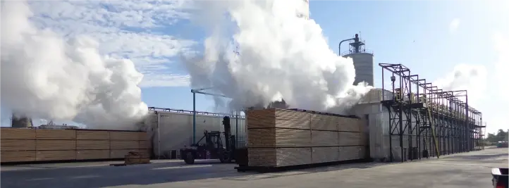 Industrial lumber mill with tall stacks of finished timber and large steam plumes rising from kilns in the background in an outdoor yard area.