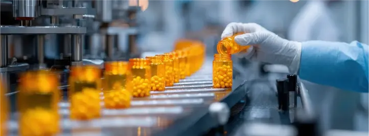 Gloved hand places orange capsules into a bottle on a pharmaceutical production line.