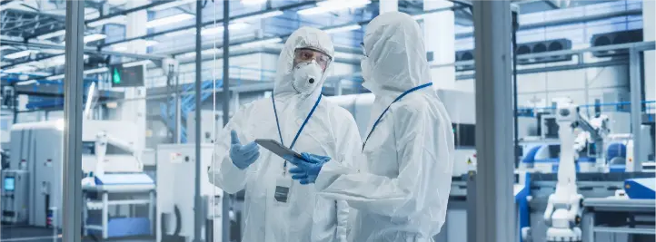 Two scientists in full cleanroom suits discuss findings with a clipboard in a high-tech laboratory setting in the background of an automated facility.