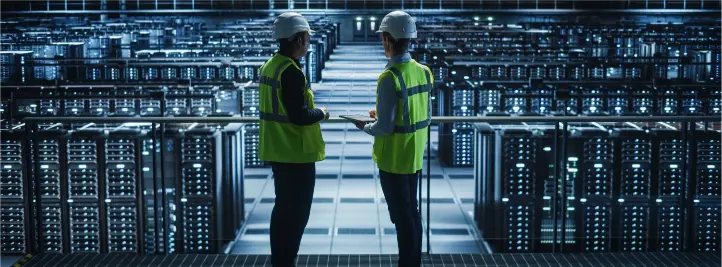 Two technicians in safety vests and hard hats standing on a catwalk between server racks in a data center, reviewing a tablet.