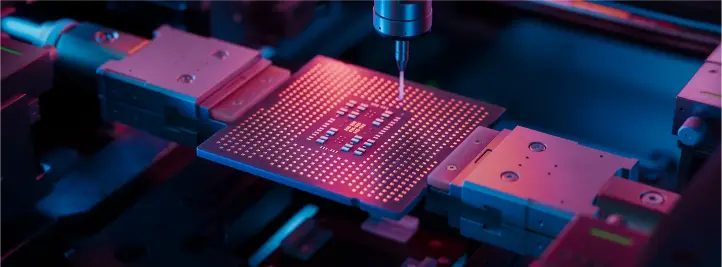 Close-up of a square semiconductor chip on a precision jig as a robotic tool approaches it under blue-pink lighting.