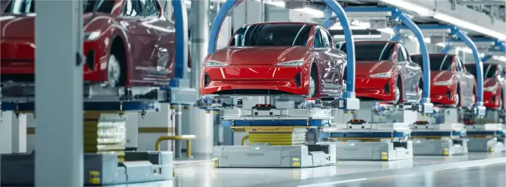 Red sports cars on an automotive assembly line, suspended on automated platforms in a factory.