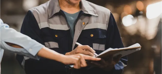 Worker in a gray and navy safety uniform writes on a clipboard held by a colleague at a factory or job site.