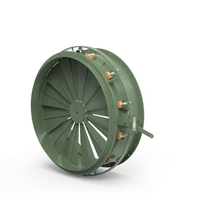 Green circular industrial flywheel or brake drum with radial spokes and mounting bolts, resting on a white surface.