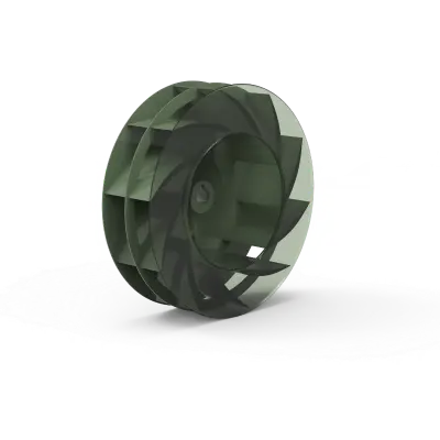 Dark gray impeller wheel with curved blades resting on a white surface.