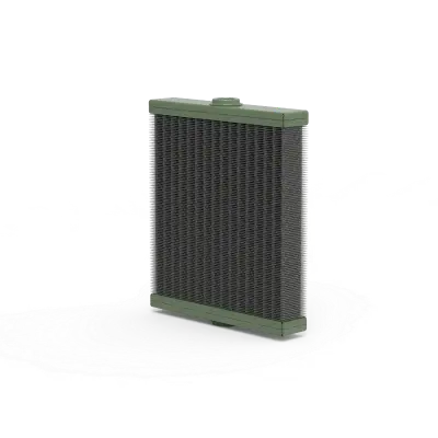 Vertical radiator with dark cooling fins and olive-green end caps placed on a white surface.