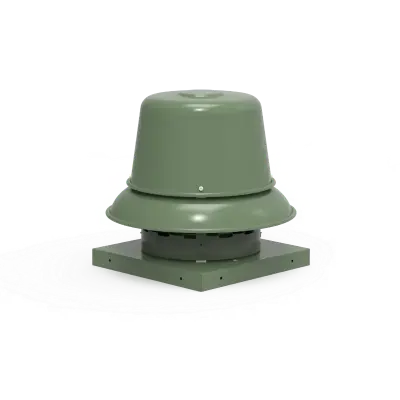 Green dome-shaped roof turbine vent mounted on a square metal base for attic ventilation