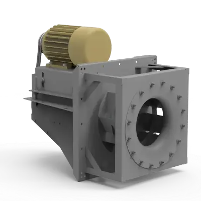 Industrial centrifugal pump with a bolted flanged outlet and a yellow electric motor on top.