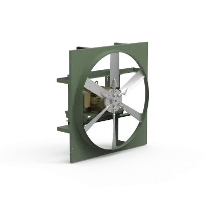 Green square frame housing a four-blade metal fan (impeller) used for industrial ventilation, shown on a white background.