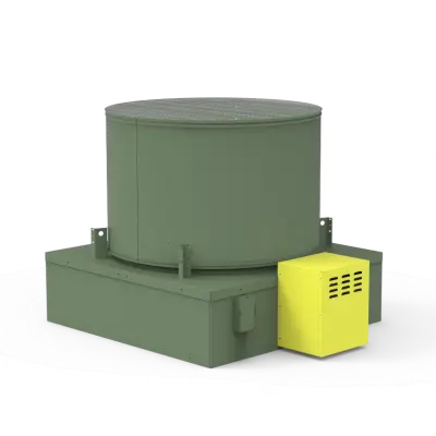 Green cylindrical storage tank mounted on a rectangular base with a yellow electrical control box on the side.