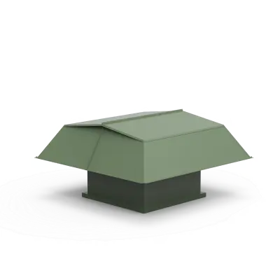 Scale model of a small building with a green, sloped roof on a dark pedestal, placed on a circular white display base.
