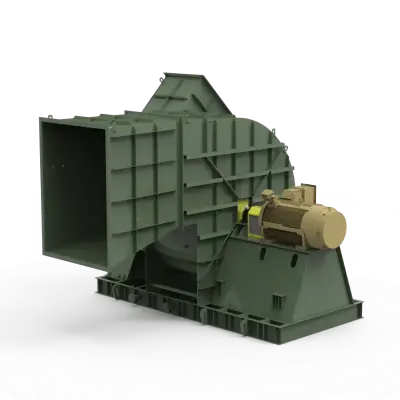 Green industrial jaw crusher with a yellow motor mounted on a metal base, for crushing rocks or ore on a white floor surface.
