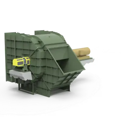 Green industrial rock crusher with a yellow motor mounted on a stand, placed on a white surface.