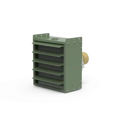 Green rectangular industrial vent with five horizontal louvers and a circular duct on the right side.