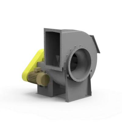 Industrial centrifugal blower with a grey housing and a yellow motor mounted on the side.