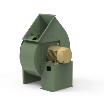 Industrial centrifugal blower with green housing and beige motor mounted on base