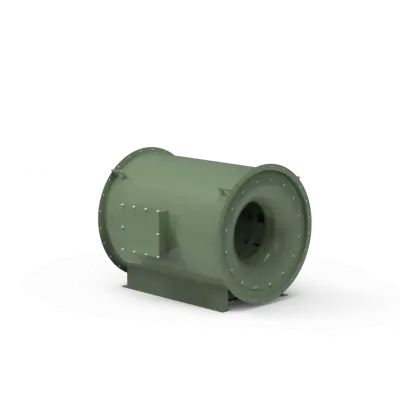 Green cylindrical blower housing with flange and base, viewed from front-right (industrial HVAC component).