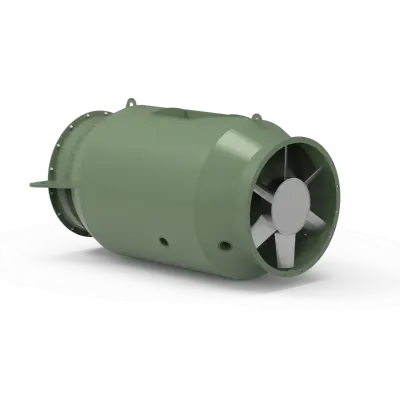 Green inline duct fan with white blades on a white background.