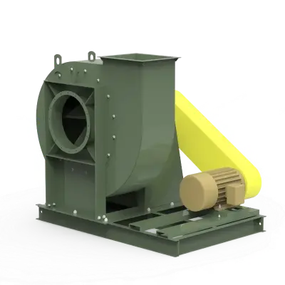 Industrial centrifugal blower with green housing, yellow belt guard, and electric motor mounted on a base plate.
