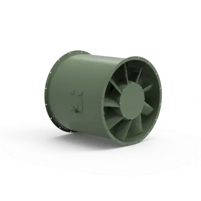 Green plastic centrifugal fan impeller viewed from the side on a white backdrop