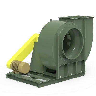 Industrial belt-driven centrifugal blower with a large circular housing and rectangular base, green housing and yellow belt guard, mounted on a metal frame.