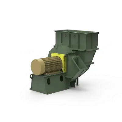 Green industrial crusher/shredder with a large hopper and yellow motor mounted on a concrete floor.