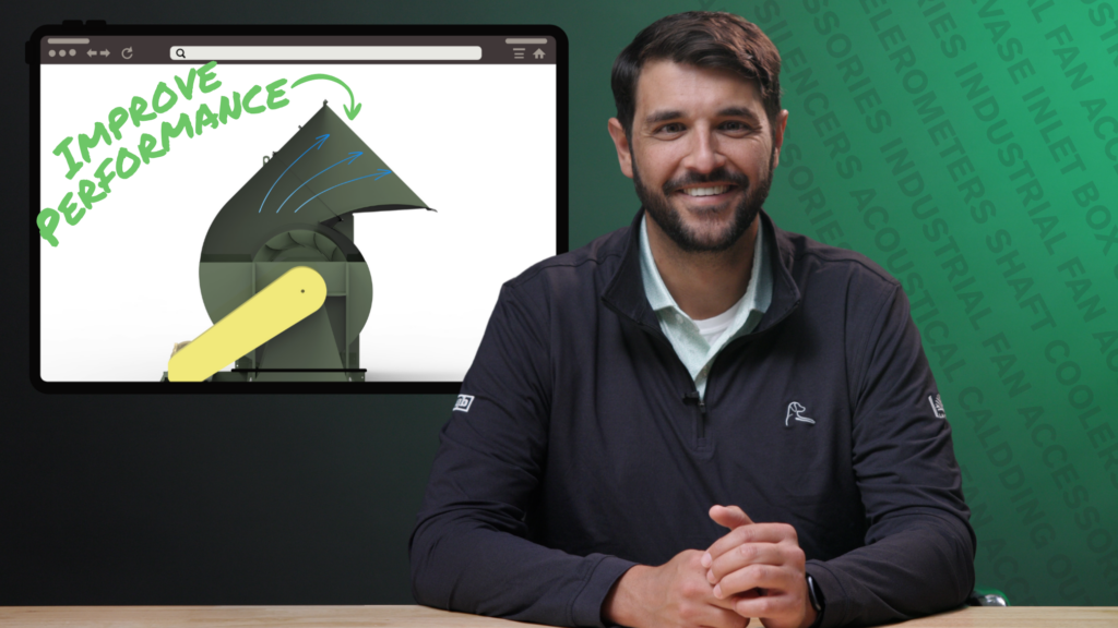Man in a dark polo sits at a desk; monitor shows a stylized turbine diagram with 'Improve Performance' in green.